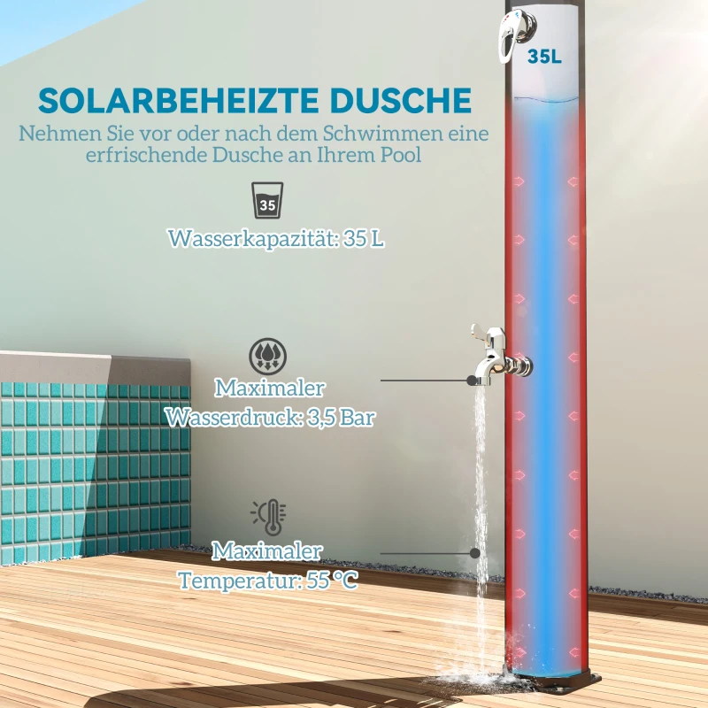 Outsunny Solardusche 35 Liter Solar Gartendusche mit Wasserhahn Duschkopf Handbrause seitliche Tablett, bis 55 °C Schwarz