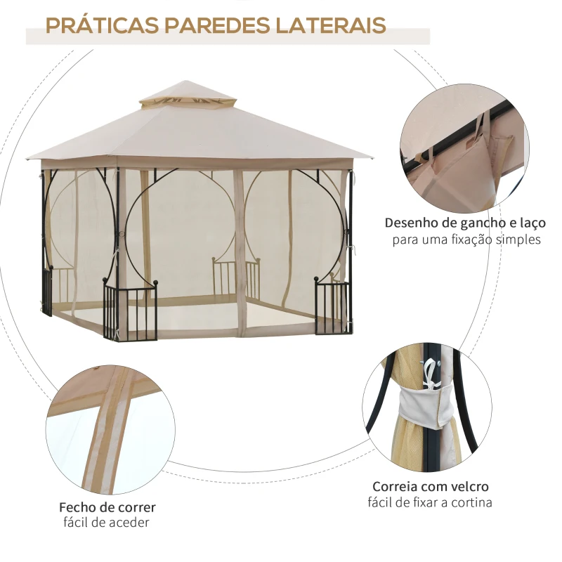 Outsunny Pérgola de jardim 295x295x275cm com 4 cortinas laterais com zíper e telhado duplo com 8 furos de drenagem bege