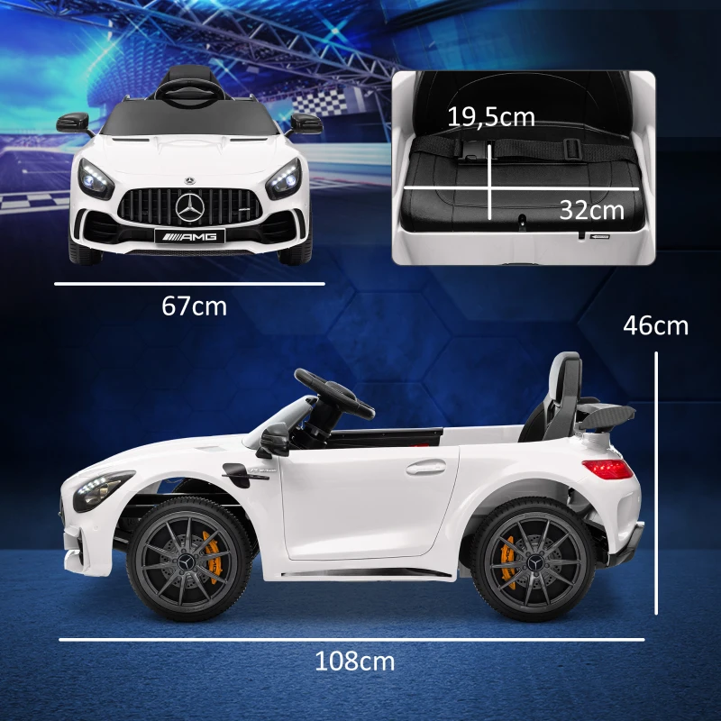 AIYAPLAY Carro Elétrico para Crianças Carro Mercedes-Benz AMG GTR com Bateria 12V Faróis  Buzina e Música 108x67x46 cm Branco