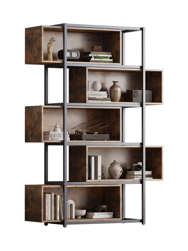 Bücherregal mit 5 Etagen, Holzmaserung und schwarzem Metallrohr, 121×35×176 cm, Schwarz+Braun