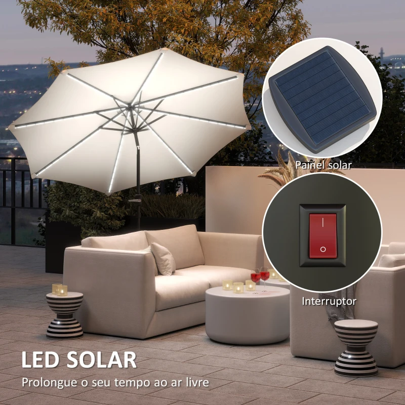 Outsunny Chapéu de Sol para Jardim Ø292x252 cm com Inclinação Ajustável até 45° Luzes LED Solares e Manivela Creme