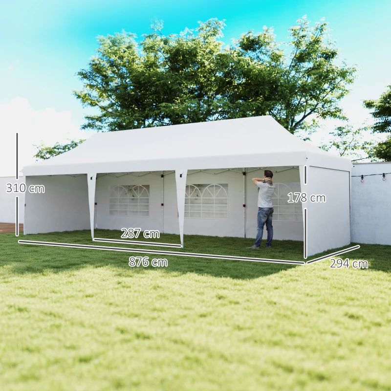 Outsunny Tenda Dobrável 876x294x310 cm com Altura Ajustável Paredes Laterais Janelas Proteção UV50+  e Bolsa de Transporte Branco