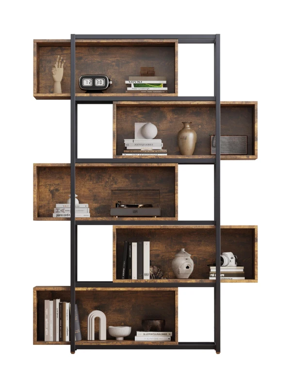 Bücherregal mit 5 Etagen, Holzmaserung und schwarzem Metallrohr, 121×35×176 cm, Schwarz+Braun
