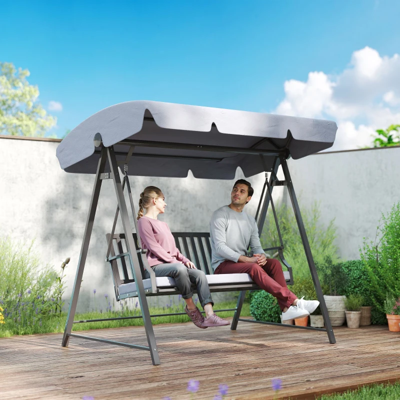 Outsunny Baloiço de Jardim para 3 Pessoas Banco Baloiço com Toldo Ajustável Almofada e Estrutura de Aço 205x133x181 cm Cinzento