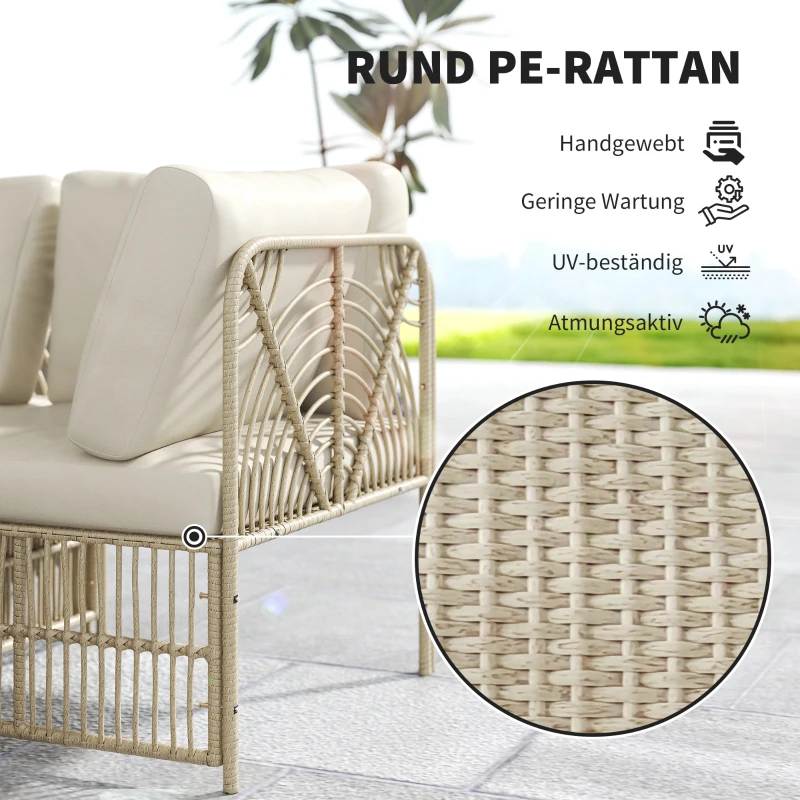 Outsunny 5-częściowy Zestaw Mebli Ogrodowych: 2 Fotele Narożne, 2 Fotele Środkowe, Puf, Poduszki Siedziskowe i Oparciowe, Jasnobrązowy+Kremowy Biały