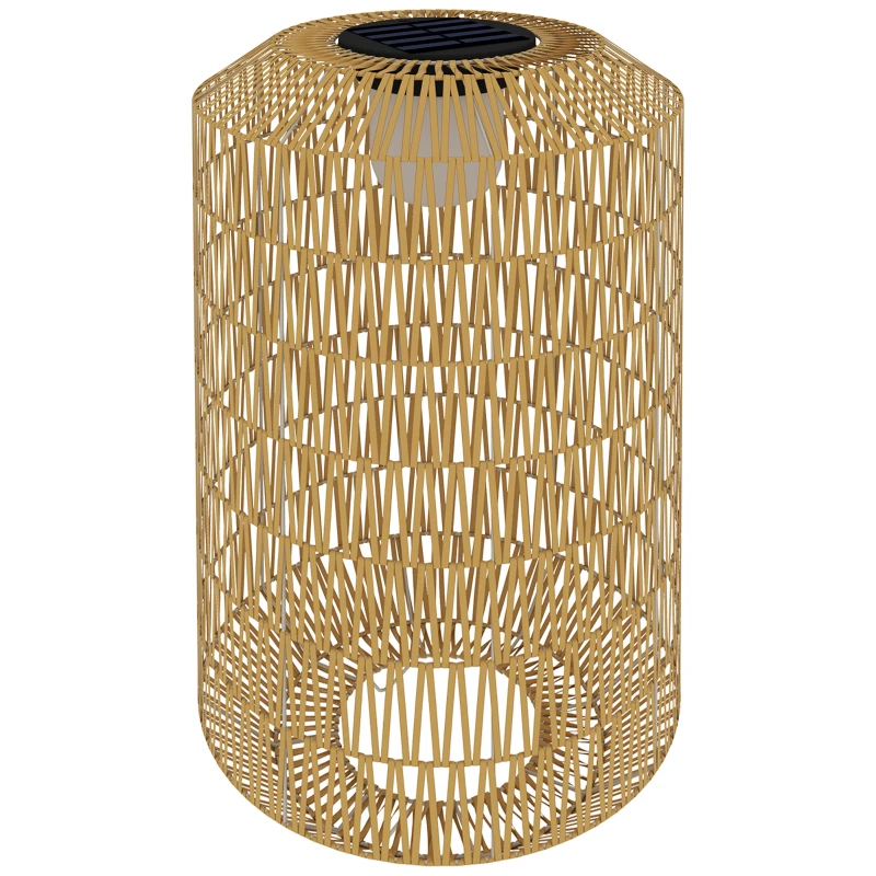 Outsunny Candeeiro Solar em Vime Sintético com Luzes LED Ligação e Desligação Automática Desenho Boémio Impermeável Ø30x55 cm Madeira