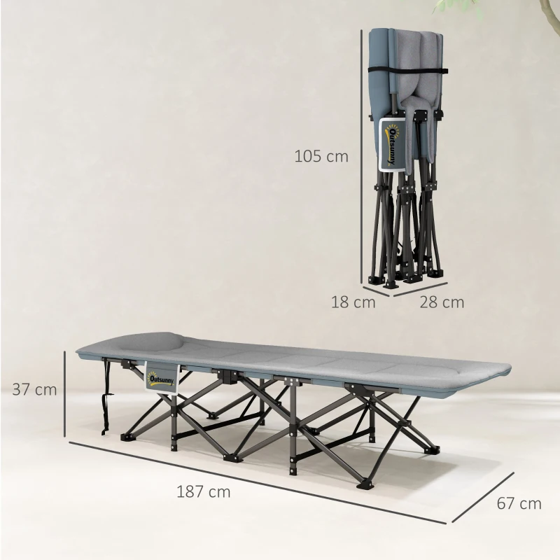 Outsunny Cama Dobrável de Campismo Praia com Apoio de Cabeça e Bolso Lateral Suporta até 150 kg 187x67x37 cm  Cinzento