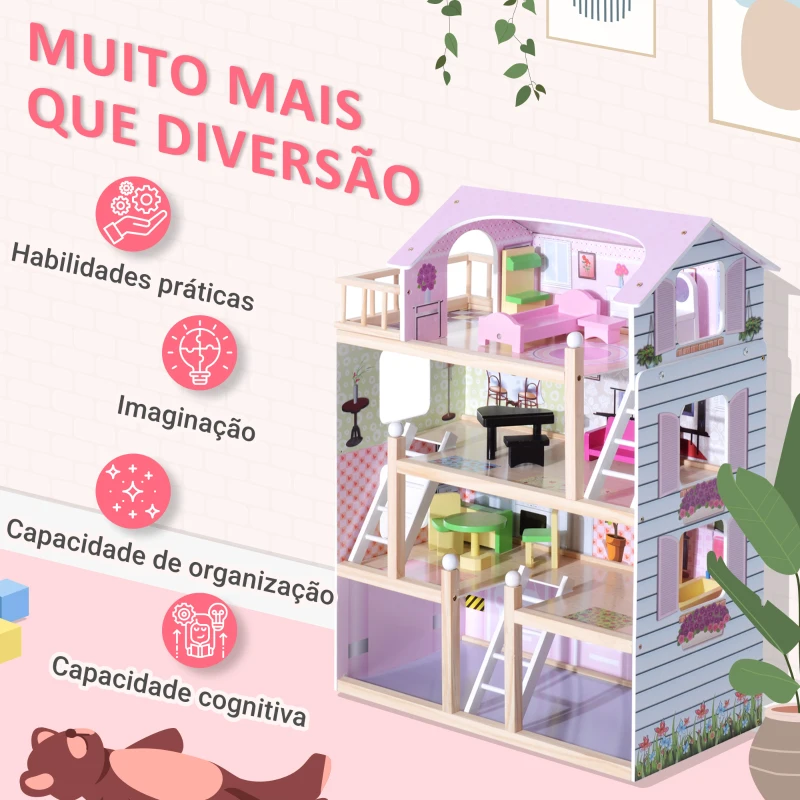 HOMCOM Casa de Bonecas com Móveis e 4 Andares Casa de Bonecas com 13 Acessórios Brinquedo de Imitação 60,5x30x80,5cm Rosa