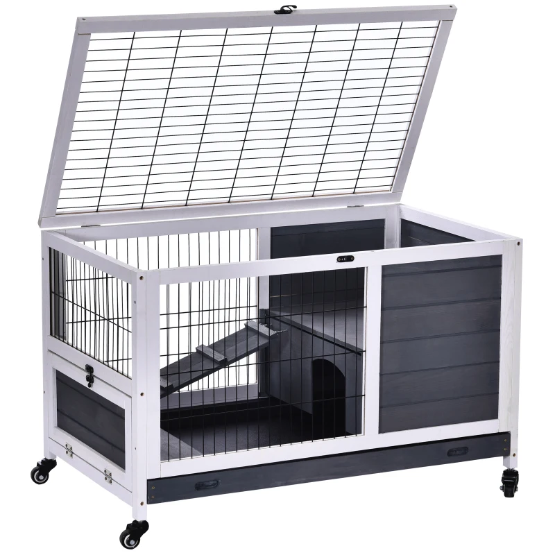 PawHut Coelheira de madeira gaiola para pequenos animais de estimação portátil com telhado de abertura rampa de bandeja removível para cobaias 90x53x59 cm cinza e branco