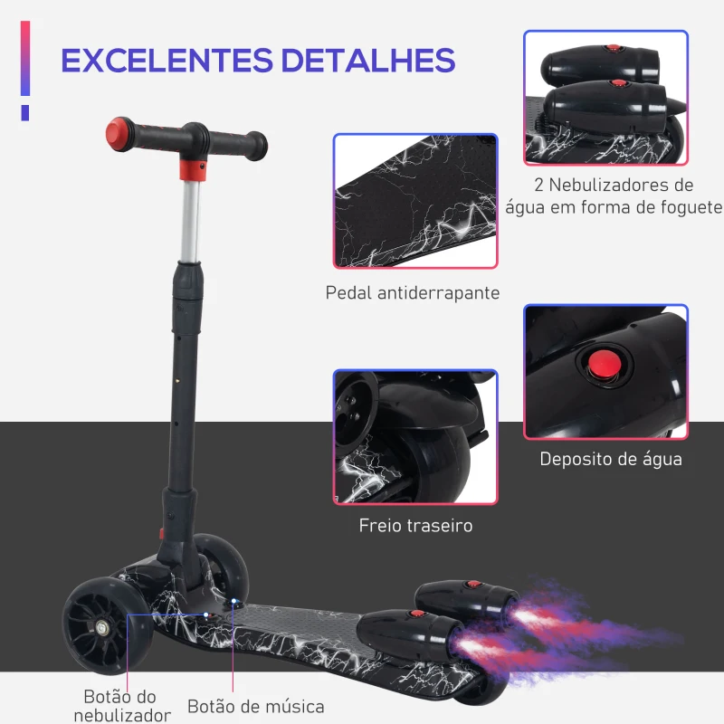 HOMCOM Trotinete ajustável em altura de 4 níveis dobrável com luzes musica Nevoeiro de água para crianças acima de 3 anos 61x26x63-81 cm Preto