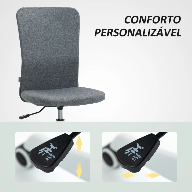 HOMCOM Cadeira de Escritório sem Apoio para os Braços Estofada em Linho Sintético com Altura Ajustável 53x43x85-93 cm Cinza
