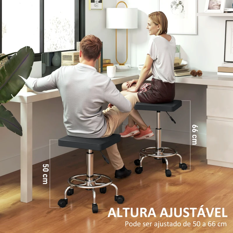 HOMCOM Banco Giratório com Rodas Altura Regulável 50-66 cm Assento Estofado em Imitação de Couro  34x34x50-66 cm Preto