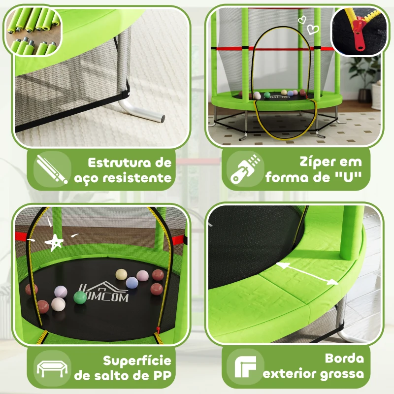 HOMCOM Trampolim Infantil Ø140x190 cm Trampolim para Crianças de 3-6 Anos com Rede de Segurança Carga 45 kg para Interior Verde