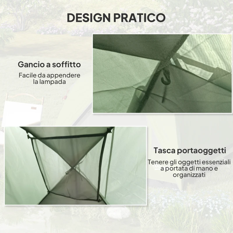 Outsunny Tenda da Campeggio per 3 Persone Impermeabile con Tasca, Gancio per Lanterna e Borsa, 2x2x1.35m, Verde