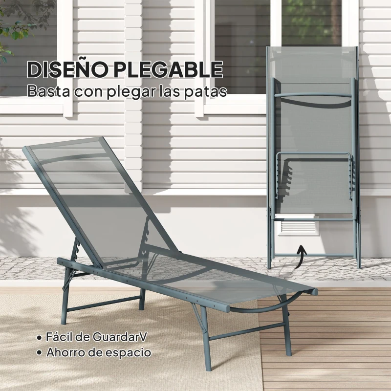 Outsunny Juego de 2 Tumbonas Plegables Reclinables en 5 Posiciones con Estructura Metálica y Asiento de Malla Transpirable Gris