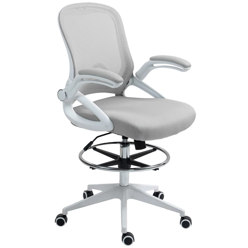Vinsetto Drafting Chair with Flip-up Armrest, Mesh Office Stool with Foot Ring, 360° Swivel Height Adjustable Chair for Standing Desk, Light Grey