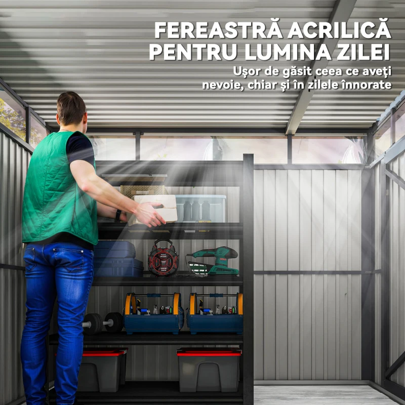 Outsunny Căsuță de Grădină cu Luminator Superior din Acril și Orificii de Drenaj, 200x258x201 cm, Gri Închis(m-5)