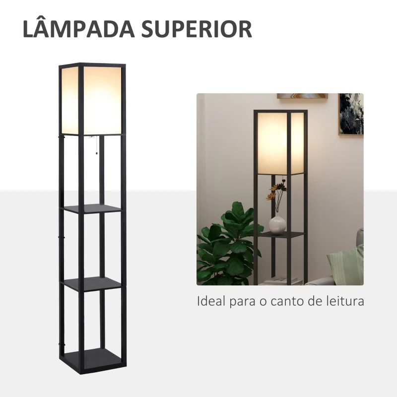 HOMCOM Candeeiro de Pé de Madeira com 3 Prateleiras De Armazenamento para Lâmpada E27 Potência Máx. 40W Candeeiro Moderno para Sala de Estar Dormitório 26x26x160cm Preto