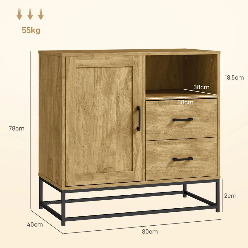 HOMCOM Credenza Moderna con 2 Cassetti, Armadietto Regolabile e Ripiano Aperto, in Legno e Acciaio, 80x40x78 cm, Marrone