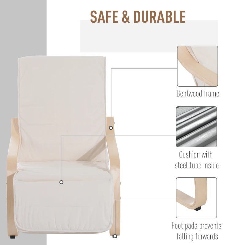 HOMCOM Wooden Armchair, Upholstered Linen Lounge Chair with Adjustable Footrest & Removable Cushion, Poang Chair for Living Room, Cream White