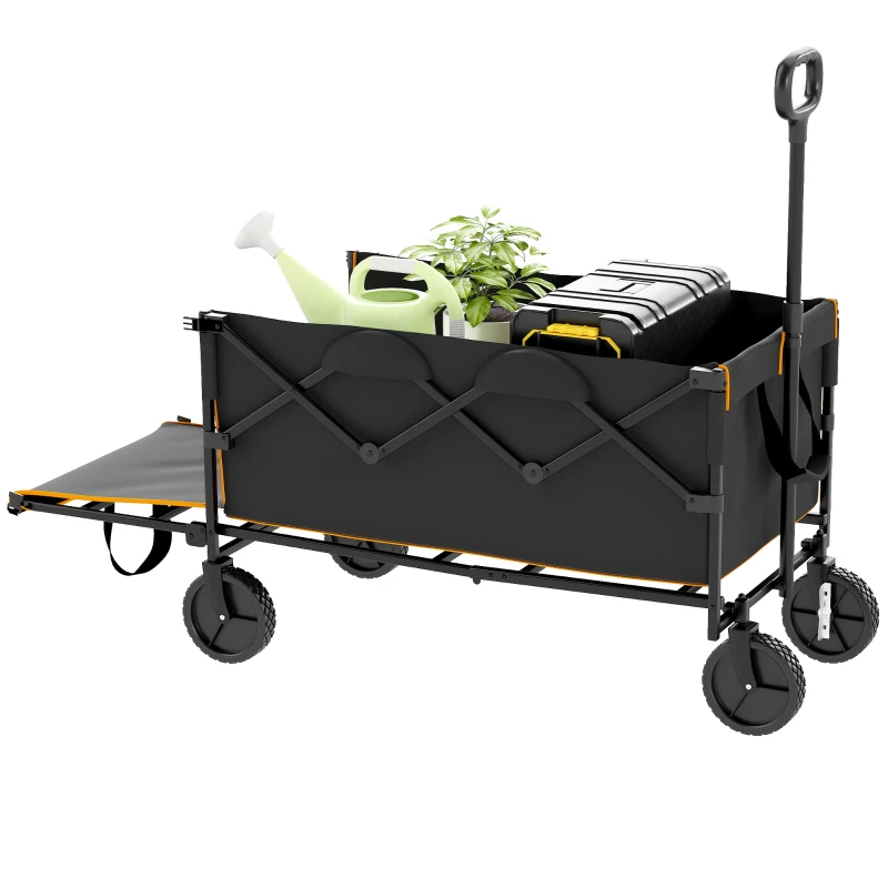 Outsunny 160L Festival Trolley on Wheels, Folding Camping Trolley Cart w/ Tailgate, 100kg Heavy Duty Garden Collapsible Folding Wagon w/Adjustable Handle, Carry Bag for Beach Picnic, Black and Orange
