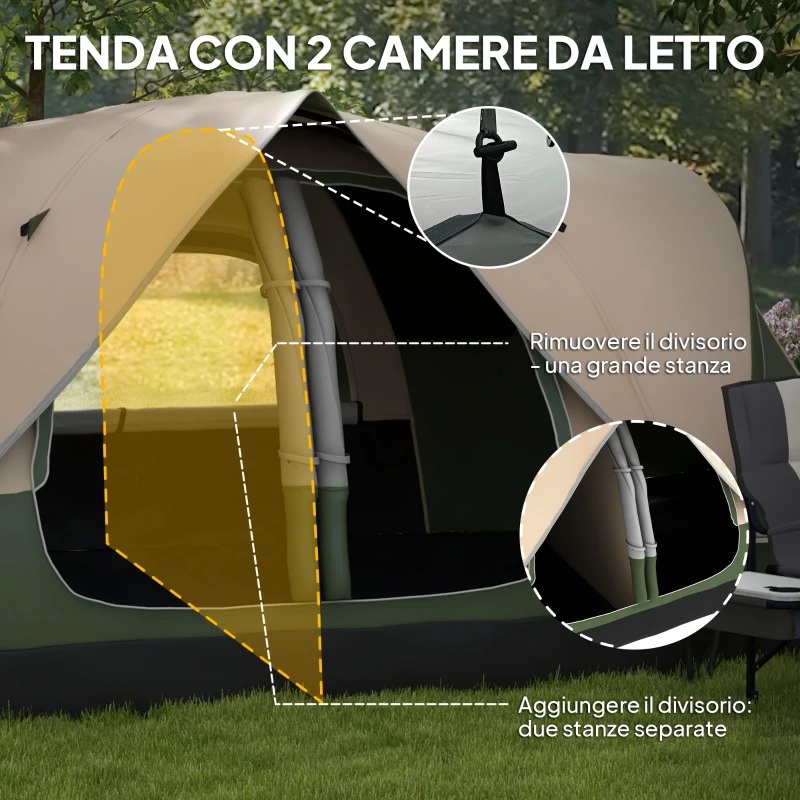 Outsunny Tenda da Campeggio 6 Posti con 2 Stanze Separate, Poliestere e Fibra di Vetro, 450x215x180 cm, Verde Scuro