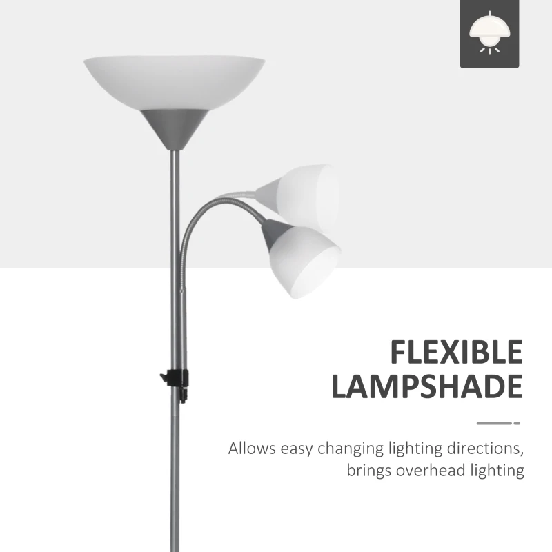HOMCOM LED Floor Lamp for Living Room, 180cm Tall Standing Lamp, Mother and Child Uplighter with Adjustable Gooseneck, Silver Tone