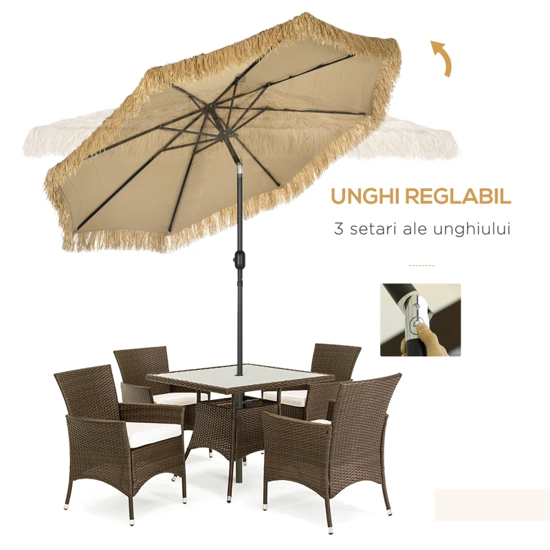 Outsunny Umbrela pentru gradina cu paie, umbrela rotunda stil Hawai cu manivela, Ø265x250cm, kaki