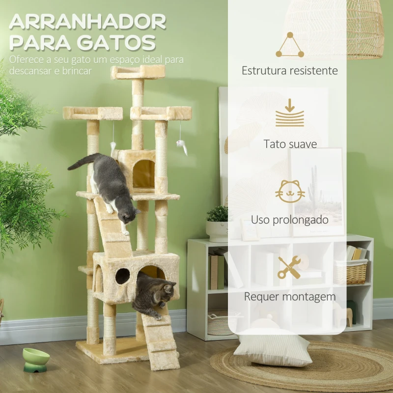 PawHut Árvore Arranhador para Gatos Grande 49x49x173 cm com Múltiplos Níveis Cavernas Brinquedos Suspensos Centro de Atividades de Sisal Bege