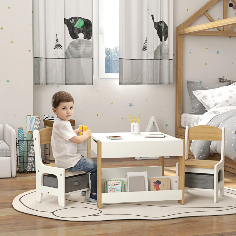 HOMCOM Conjunto de Mesa e 2 Cadeiras Infantis 2 em 1 com Ardósia Gavetas de Tecido e Espaço de Armazenamento para Quarto Cinza