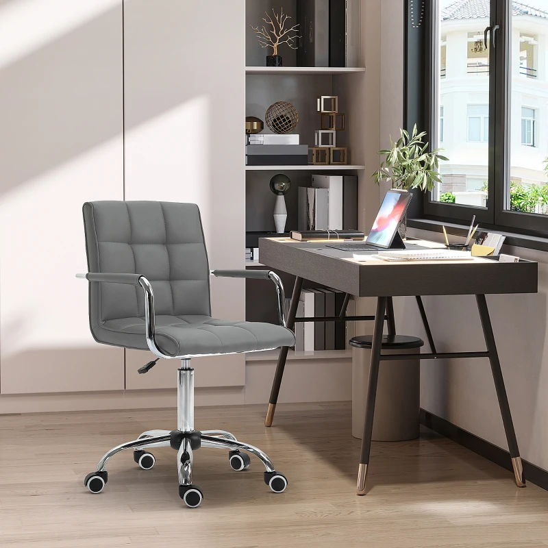 Vinsetto Mid Back PU Leather Home Office Desk Chair, Swivel Computer Chair with Arm, Wheels, Adjustable Height, Grey