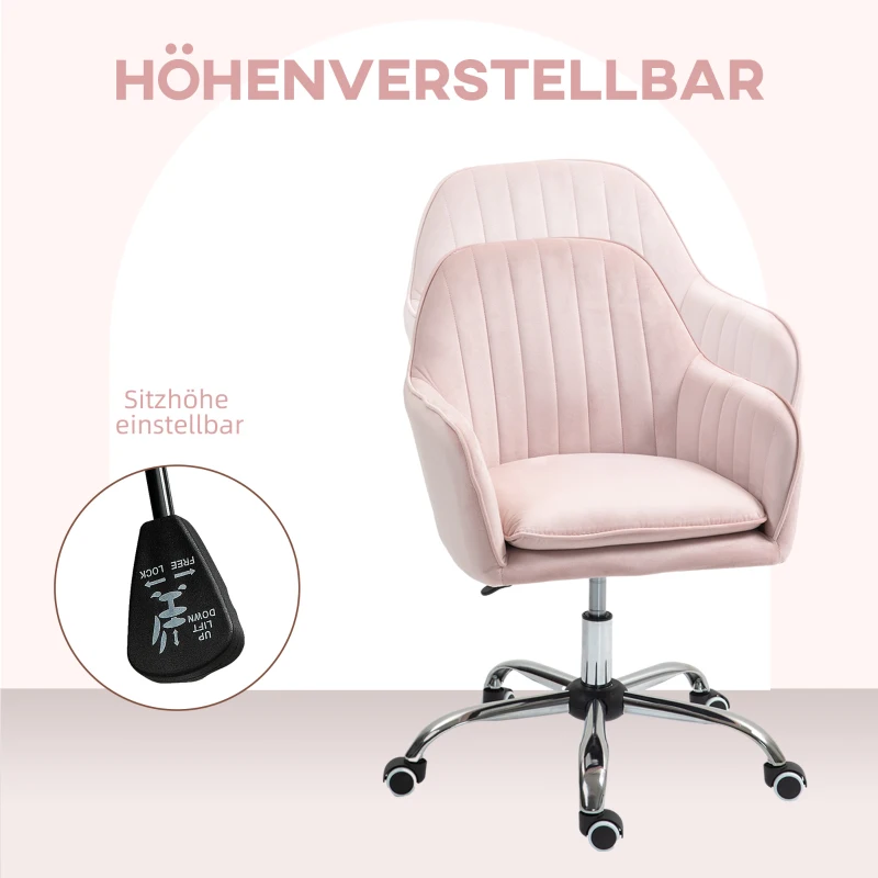 HOMCOM Verstelbare en Draaibare Bureaustoel met Rug- en Armleuning in Roze Fluweel(m-6)