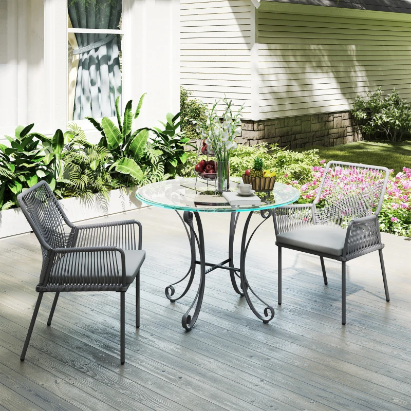 Outsunny Set van 2 Tuinstoelen, Terrasstoelen met Wasbare Kussens, Rug- en Armleuningen, Staal, Rattan, Donkergrijs