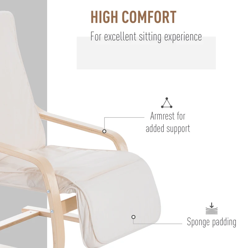 HOMCOM Wooden Armchair, Upholstered Linen Lounge Chair with Adjustable Footrest & Removable Cushion, Poang Chair for Living Room, Cream White
