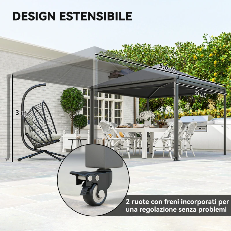 Outsunny Gazebo da Giardino Estensibile con Ruote e Copertura in Poliestere UPF30+,  3x3 m/3x5.6 m, Grigio