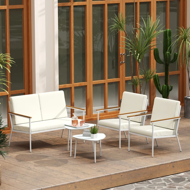 Outsunny Conjunto de Muebles de Jardín de 5 Piezas con Sofá Sillones y Mesas con Tablero de Vidrio Templado Cojines Beige