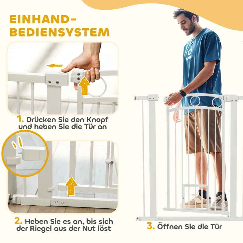 PawHut 106 cm hohes Haustiergitter mit anpassbarer Breite, integrierte Katzentür, für Treppen und Türrahmen, Weiß