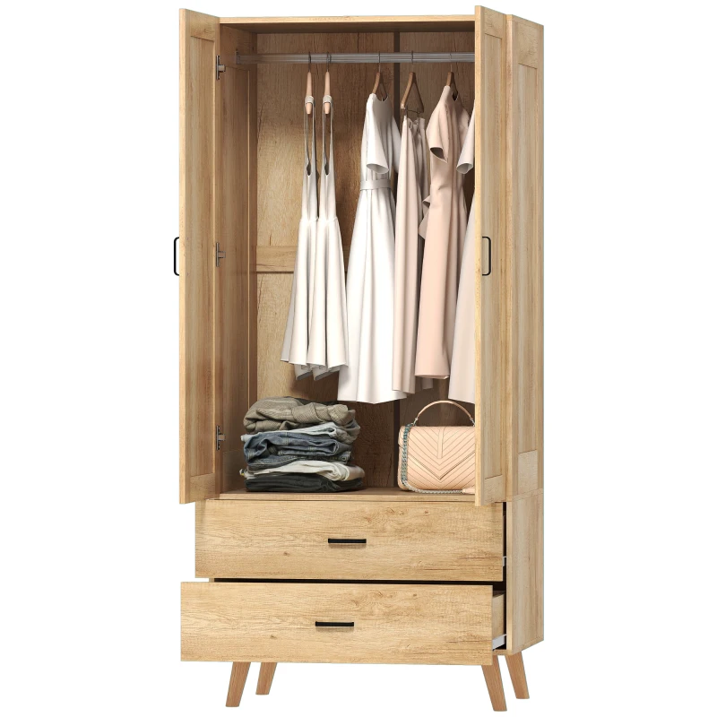 HOMCOM 2 Door Wardrobe, Modern Wardrobe with 2 Drawer and Hanging Rail for Bedroom, Natural