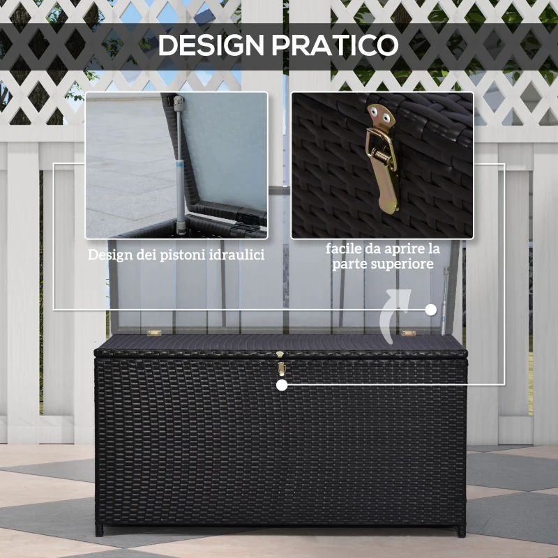 Outsunny Baule da Esterno da 284L con Pistone a Gas, Rattan PE e Acciaio, 118x54x59 cm, Marrone Scuro
