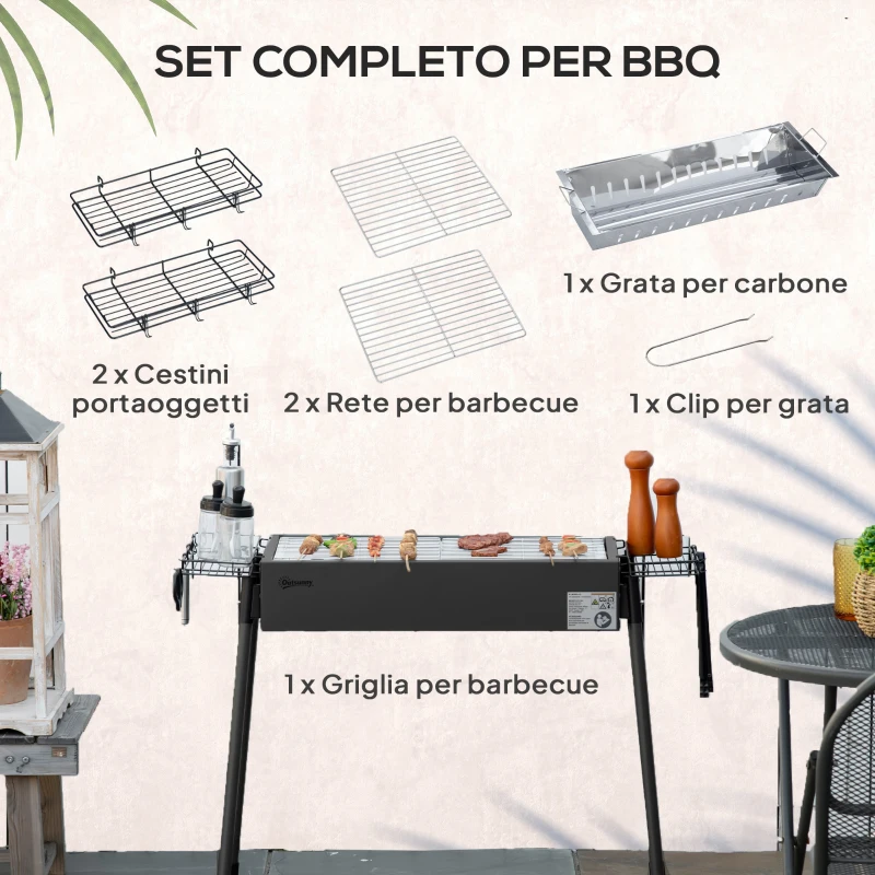 Outsunny Barbecue a Carbonella con 2 Griglie e Cestini Laterali, 94x39x70cm, Nero