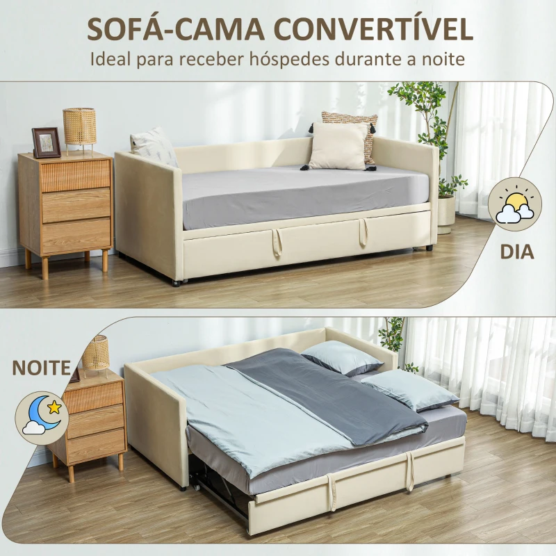 HOMCOM Cama Individual Dupla 2 em 1 Estofada em Veludo e Cama Inferior Extraível com Rodas para Colchões de 90x190 cm Creme