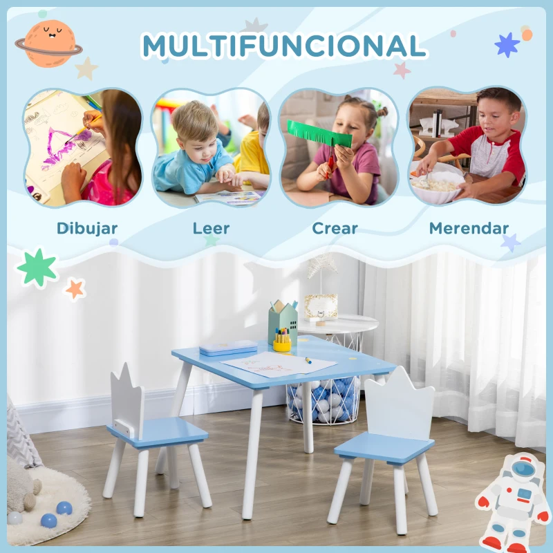 ZONEKIZ Juego de Mesa y 2 Sillas Infantiles de Madera para +18 Meses Estampado Espacial 68x68x47 cm y 30x30x51,5 cm Azul
