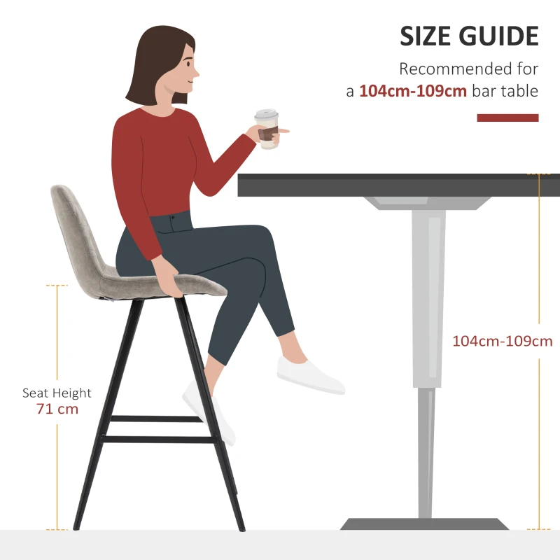 HOMCOM Set Of 2 Bar Stools Vintage Microfiber Cloth Tub Seats Padded Comfortable Steel Frame Footrest Quilted Home Bar Cafe Kitchen Chair Stylish Grey