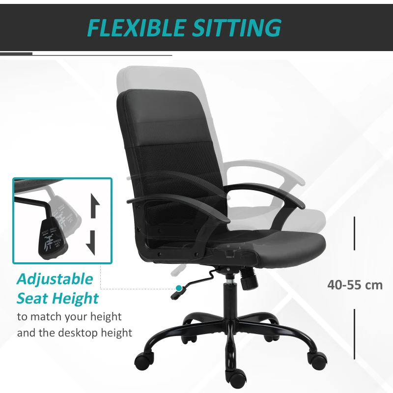 Vinsetto Mesh Office Chair, Faux Leather Desk Chair with Swivel Wheels, Adjustable Height and Tilt Function, Black