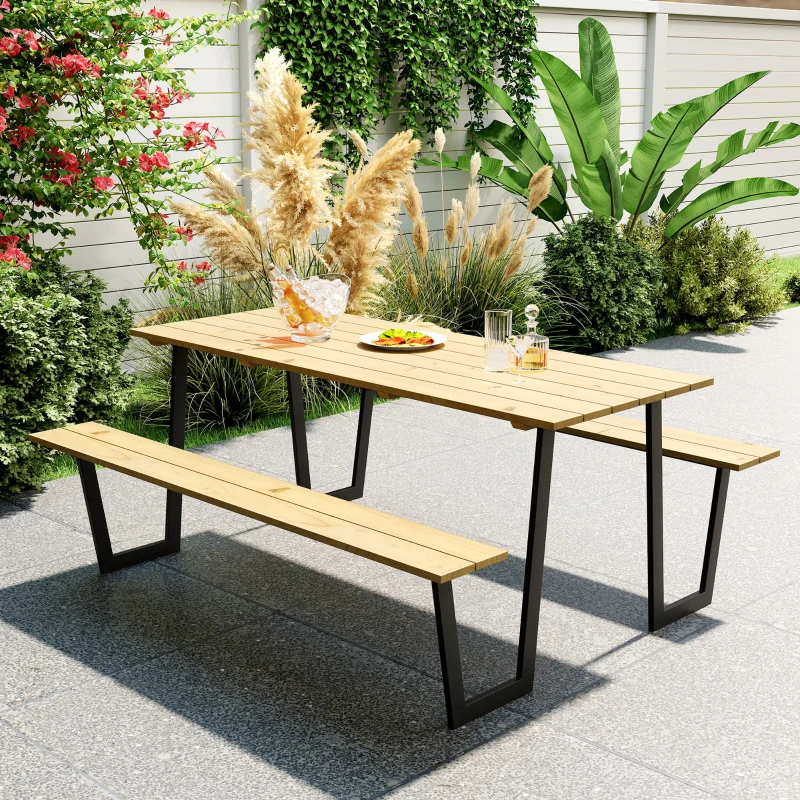 Outsunny 3-Delige Biertafelset Hout met Parasolgat, Biertafel 2 x Bierbank 175 x 148 x 78 cm Natuurhout