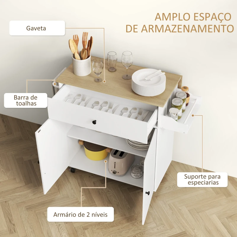 HOMCOM Ilha de Cozinha com Rodas com Lateral Dobrável Gaveta Suporte para Temperos e Prateleira Ajustável 106x42x87 cm Branco e Carvalho