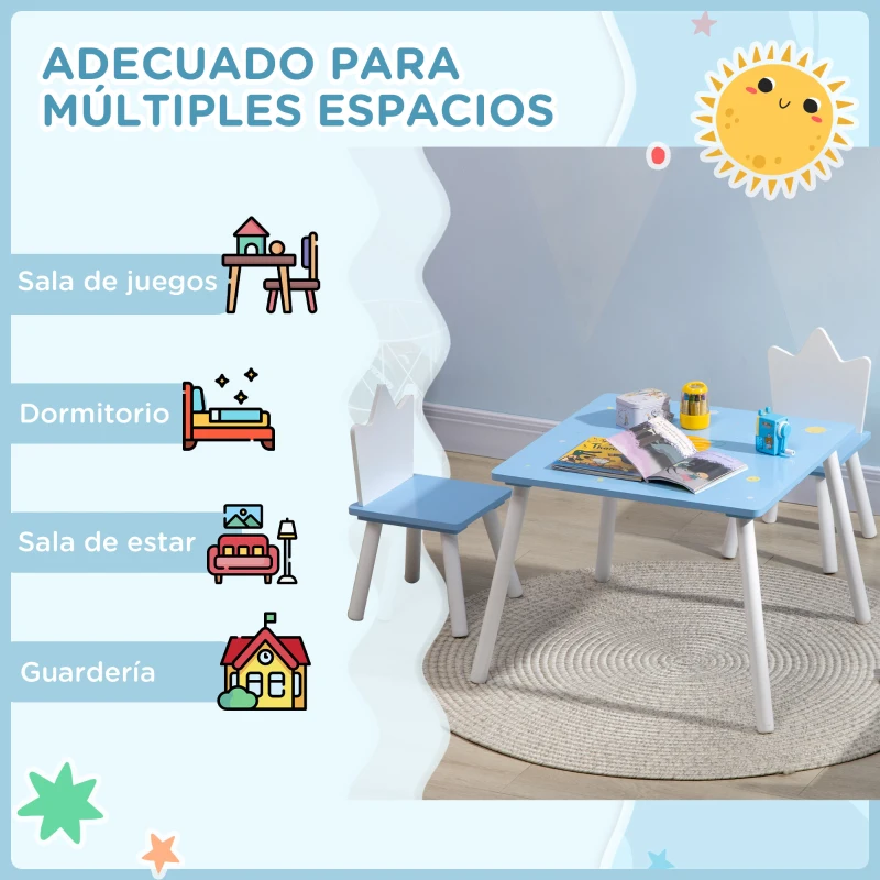 ZONEKIZ Juego de Mesa y 2 Sillas Infantiles de Madera para +18 Meses Estampado Espacial 68x68x47 cm y 30x30x51,5 cm Azul