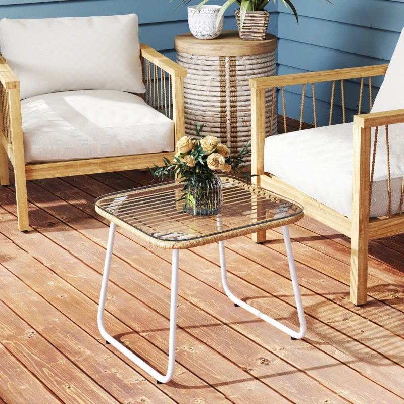 Outsunny Mesa de Jardín de Ratán Sintético con Encimera de Vidrio Templado y Patas Ajustables para Exterior 50x50x44 cm Natural