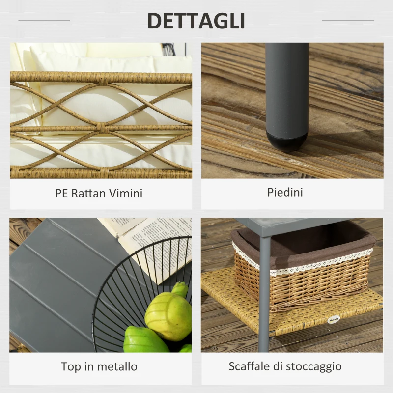 Outsunny Salotto da Giardino in Rattan PE con Chaise Longue, Divano 2 Posti e Tavolino, Crema