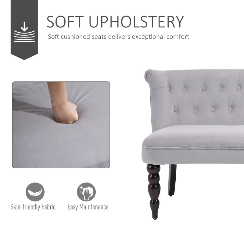 HOMCOM Loveseat with Wood Frame, Compact 2 Seater Sofa, Button Tufted Chaise Lounger with Carved Legs, Vintage Design for Bedroom Living room, Grey